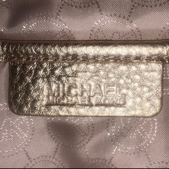 EUC Michael Kors Tan Brown Monogram Canvas Tote Handbag Gold Metallic Leather - Picture 11 of 12